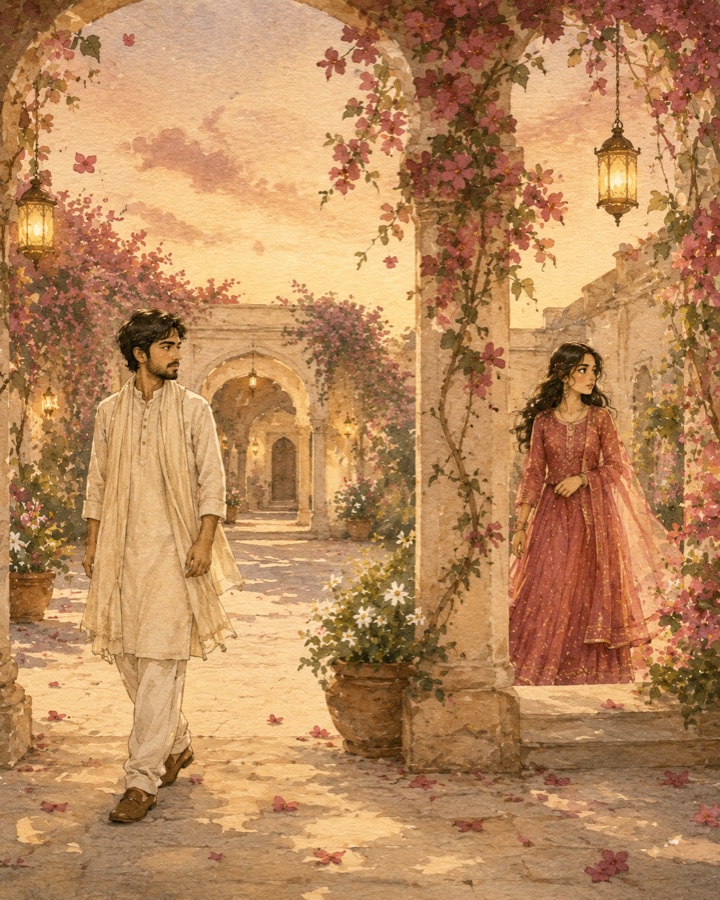 Two figures on a lantern-lit courtyard at dusk