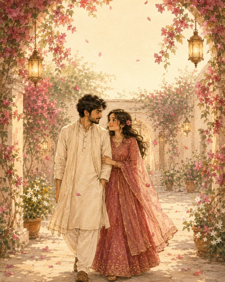 The two of them walking together beneath the lanterns