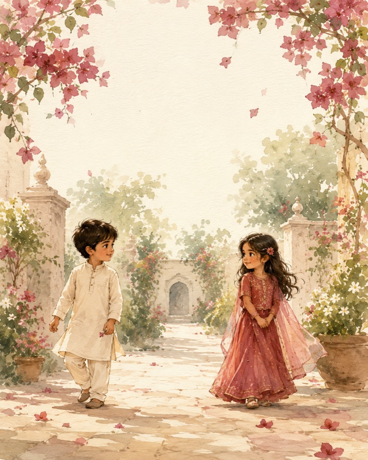 Two children meeting on a flowering path